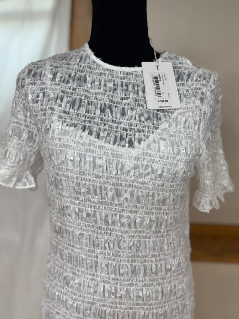 Ted Baker White Ruched Ribbon-Texture Short Sleeve Top